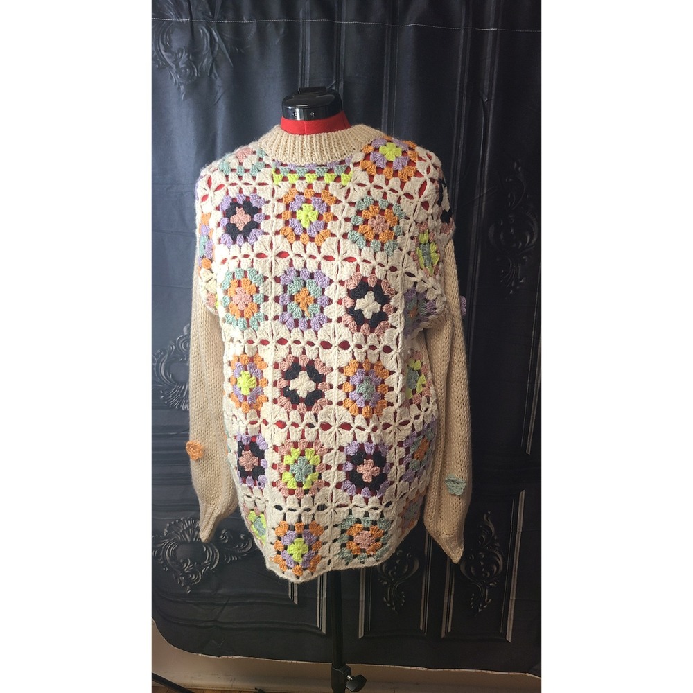 Listicle Crochet Granny Square Sweater Cream Multi Color Size Medium‎